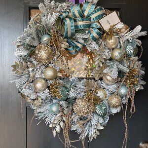 Coastal Collection Aqua Gold Flocked 28" Holiday Christmas Wreath New